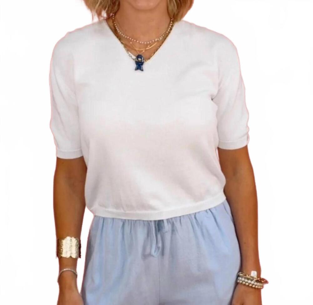 NEW MILIO MILANO light knit ribbed hems v-neck top in white